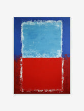 Abstract art print with a light blue rectangle over a red block, framed by dark blue and red, with white textured edges