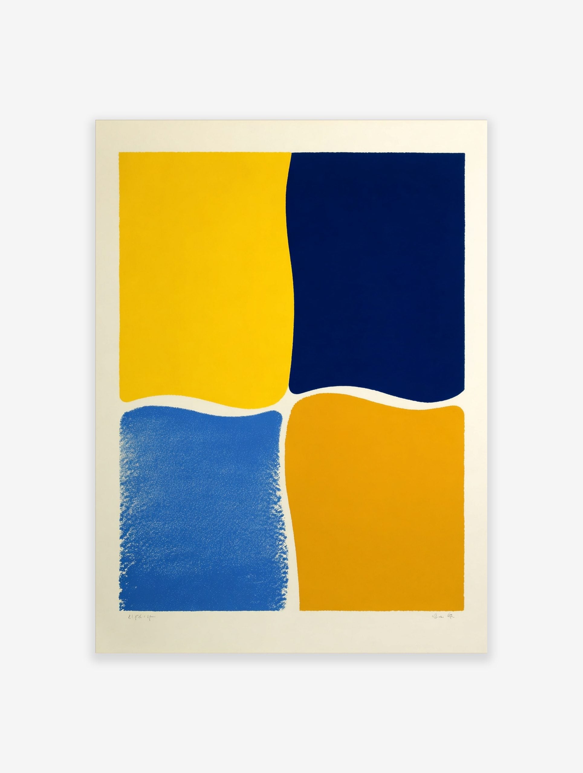 Abstract wall art with four irregular colour blocks in bright yellow, navy blue, medium blue, and orange on white