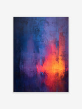 Abstract art print with a textured gradient from dark blue and purple to bright red and orange