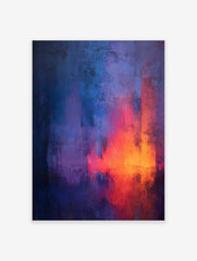 Abstract wall art print with textured blue, purple, red, and orange colour wash gradient