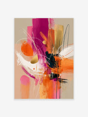 Abstract expressionist art print with fuchsia, orange, gold, and white brushstrokes and lines