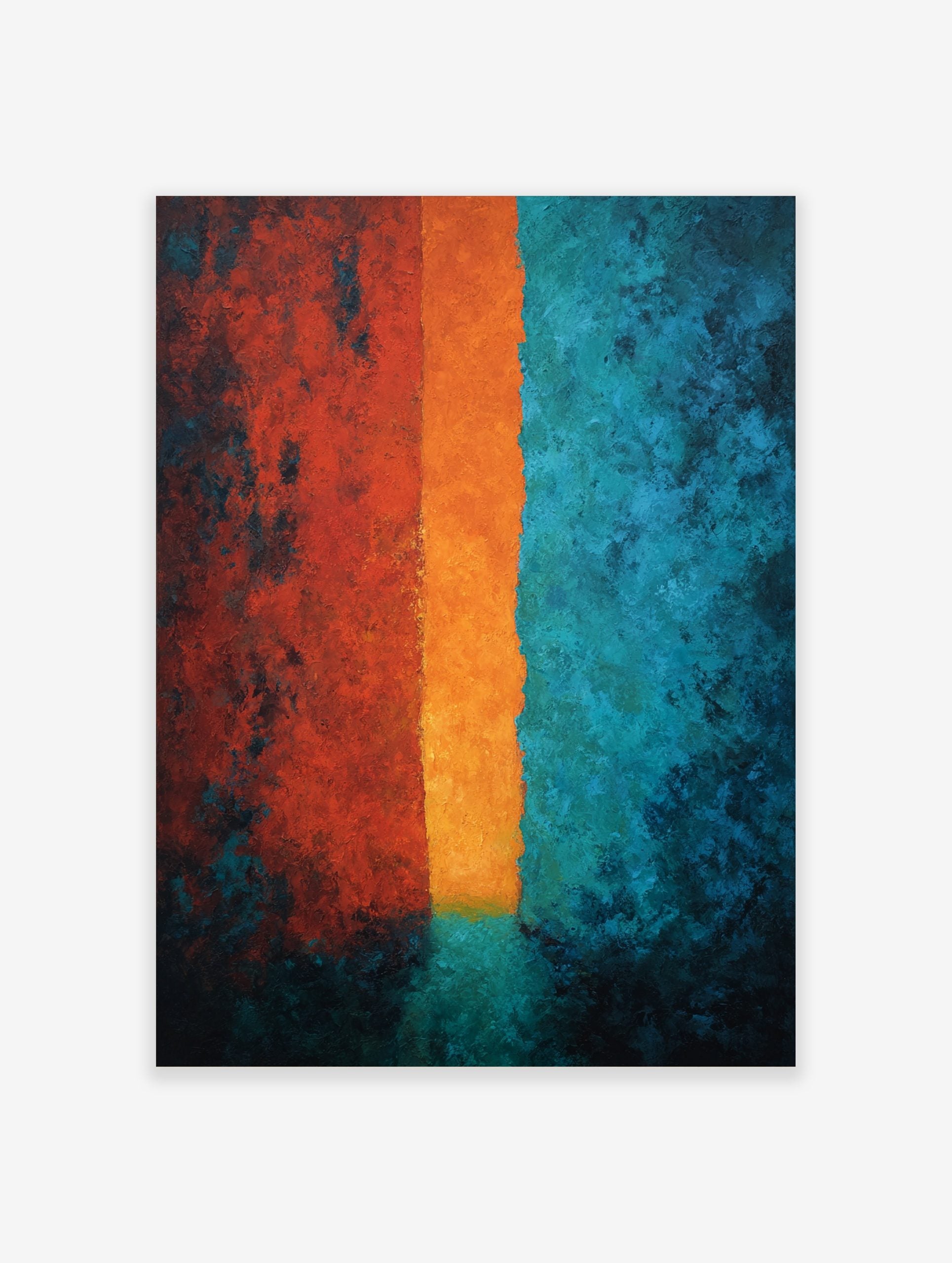 Textured abstract art print with three vertical bands in red, bright orange, and deep teal colours