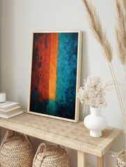 Textured abstract art print with three vertical bands in red, bright orange, and deep teal, in an alternate framed mockup