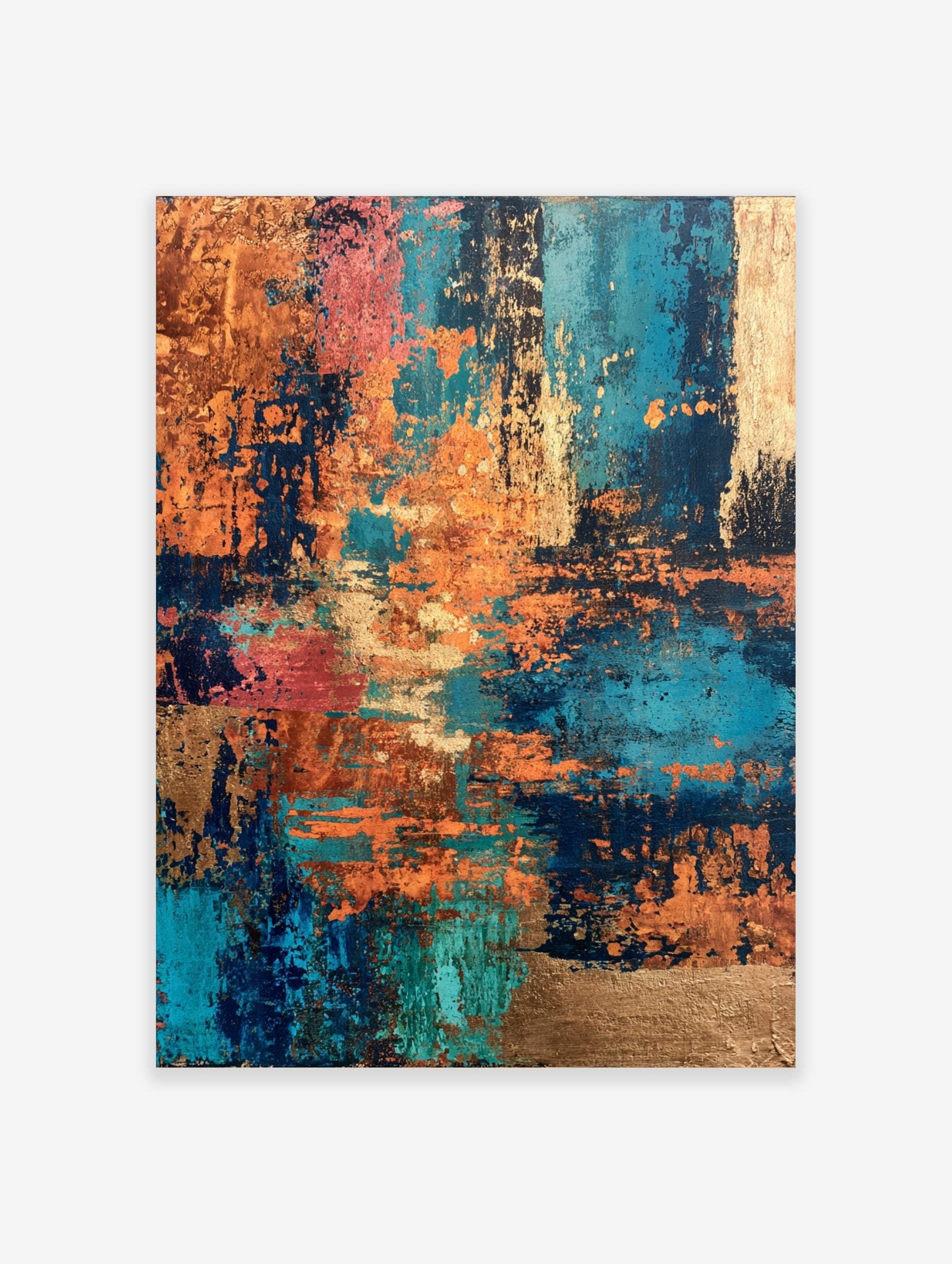 Abstract art print with distressed copper, teal, navy, and coral textures, creating a modern, layered composition