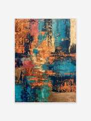 Abstract art print with distressed copper, teal, navy, and coral textures, creating a modern, layered composition