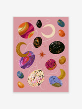 Abstract cosmic shapes poster with colourful planets, gold crescents, and white orbital lines on pink background