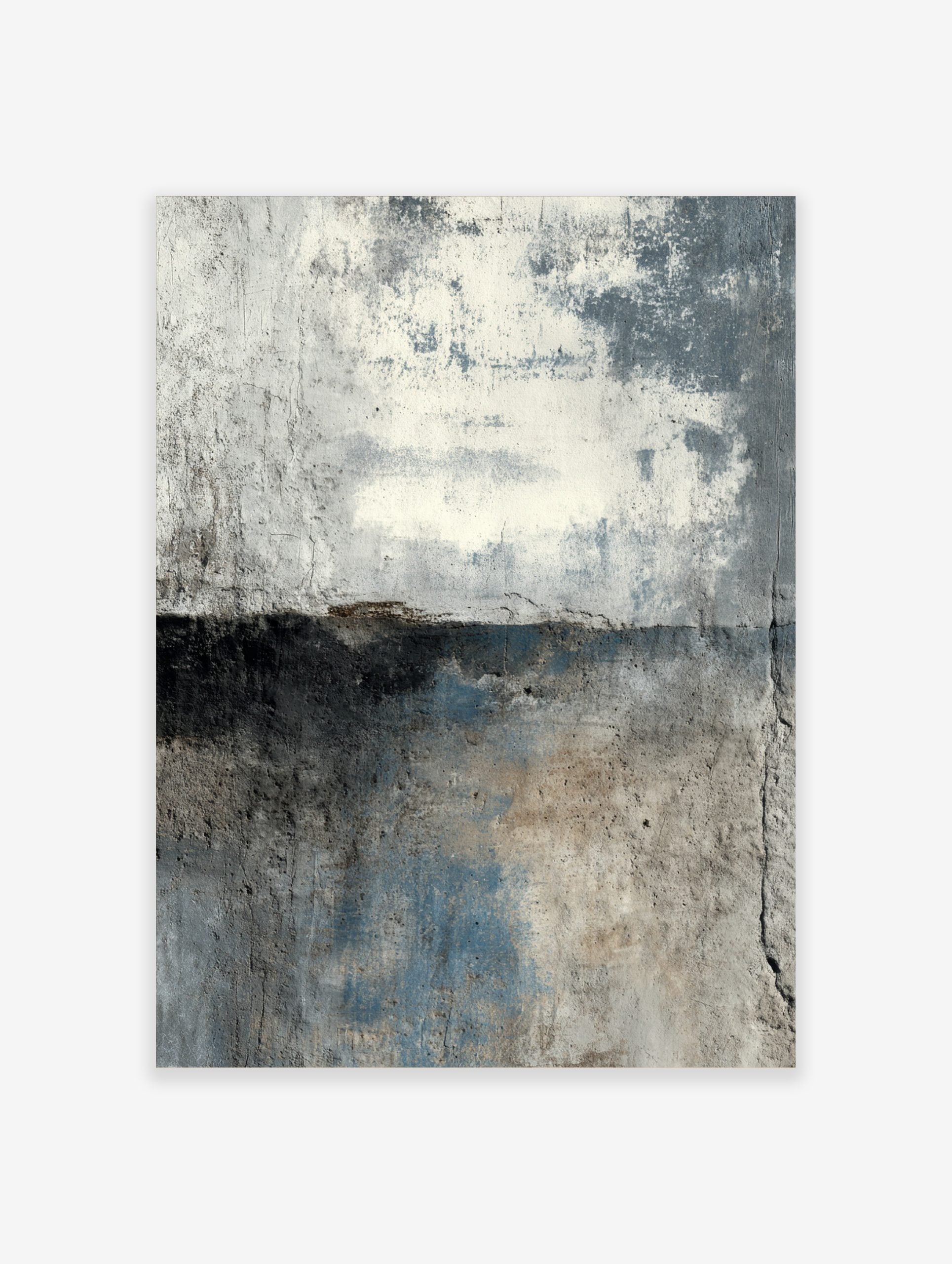 Abstract distressed wall art print with grey, off-white, and blue textured surface, divided by a dark horizontal line