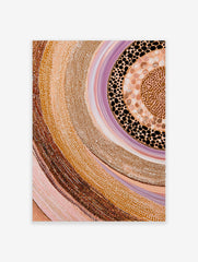 Abstract dot painting wall art with swirling bands of earthy browns, beiges, pinks, whites, purples, and black shapes