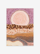 Abstract dot painting wall art with large pink orb, purple dotted sky, and layered brown and beige landscape