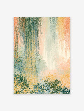 Abstract dot pattern art print with green, blue, orange and yellow marks on a pale background