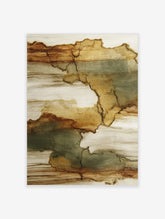 Abstract wall art print with organic, cracked shapes in brown, golden, green, and beige earth tones