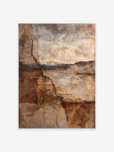 Abstract wall art print with deep cracks and layered textures in brown, beige, and dark earth tones