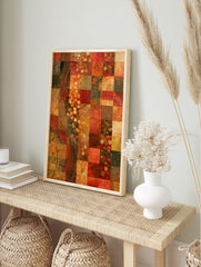 Abstract grid wall art with red, orange, and brown textured squares and a vertical dotted, in an alternate framed mockup