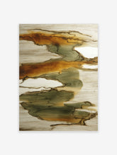 Abstract organic shapes in rust brown, sage green, and cream with dark outlines, flowing vertically