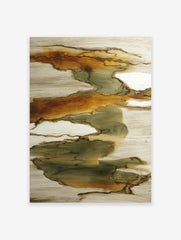 Abstract art print with organic flowing shapes in earthy green, brown, and beige tones, resembling natural strata
