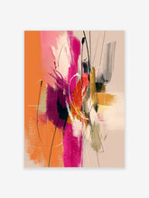 Abstract expressionist art print with orange, pink, magenta, gold paint strokes and dynamic black and white lines