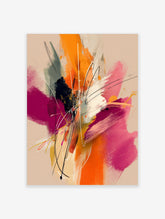 Abstract painting with bold orange, pink, black, and white brushstrokes and dynamic thin lines on beige background