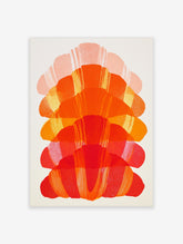 Abstract fan-like layered shapes in warm orange, red, and pink tones on a white background, wall art print