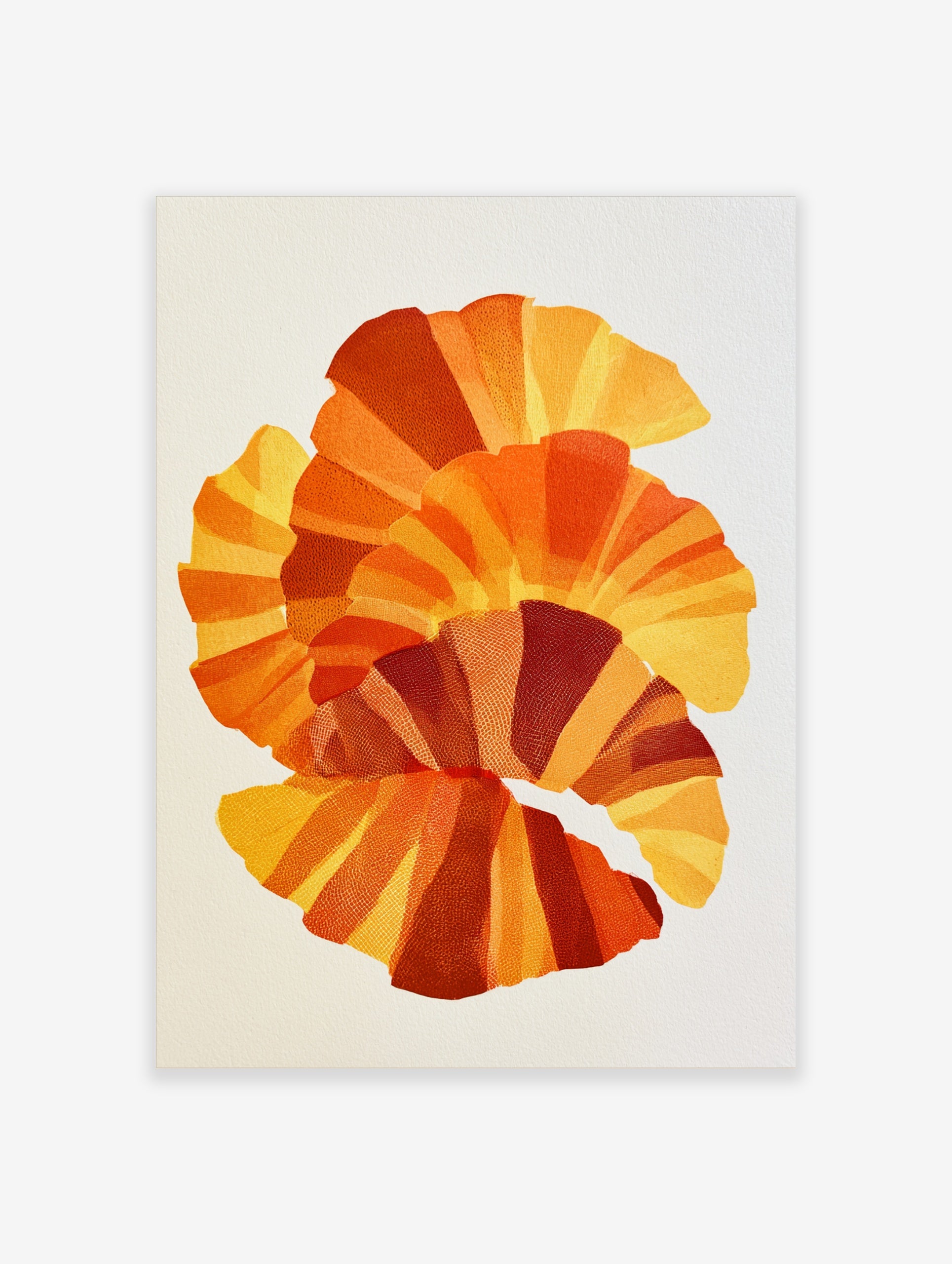 Abstract fan-shaped layered geometric art print in yellow, orange, and red with stippled texture on white background