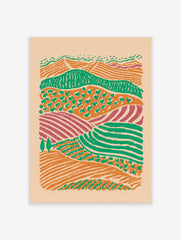 Illustrative abstract landscape print of layered farm fields in orange, green, and purple hues with small trees