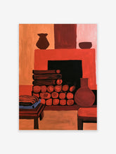 Abstract fireplace wall art with red and orange tones, featuring stacked logs and ceramic vases on a mantelpiece