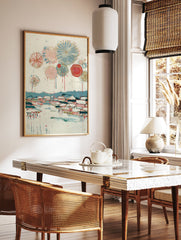 Abstract fireworks painting over a colorful village and mountains on a white textured canvas. - Image 2