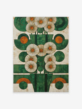 Abstract green and orange geometric flower wall art with stylized white daisies on a textured white background.