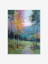 Vibrant abstract forest landscape wall art print with tall trees, a path, and colorful brushstrokes in yellow, pink, green, and blue.