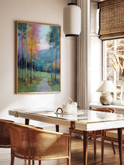 Vibrant abstract forest landscape wall art print with tall trees, a path, and colorful brushstrokes in yellow, pink, green, and blue. - Image 2