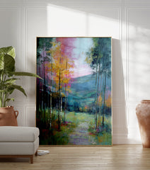 Vibrant abstract forest landscape wall art print with tall trees, a path, and colorful brushstrokes in yellow, pink, green, and blue. - Image 3