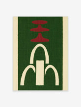 Abstract wall art with red tiered shapes and a white arched fountain motif on a green textured background