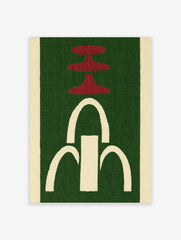 Abstract wall art with red tiered shapes and a white arched fountain motif on a green textured background