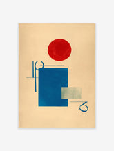 Abstract geometric Bauhaus poster featuring a large red circle, a blue square, and blue lines on a beige background.
