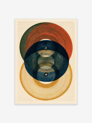 Abstract geometric wall art print featuring overlapping circles in red, blue, and yellow with intricate concentric line work