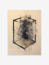 Abstract geometric cube outline with dark, smoky texture inside on a light beige background art print
