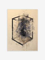 Abstract geometric cube outline with dark, smoky texture inside on a light beige background art print
