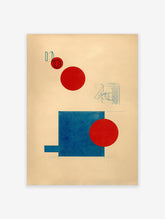 Abstract geometric poster featuring red circles, a blue rectangle, and abstract blue line drawings on a light background.