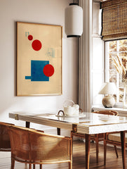 Abstract geometric poster featuring red circles, a blue rectangle, and abstract blue line drawings on a light background. - Image 2