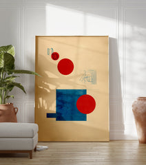 Abstract geometric poster featuring red circles, a blue rectangle, and abstract blue line drawings on a light background. - Image 3