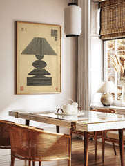 Abstract geometric stacked shapes art print with black lines, Japanese characters, and a red seal, in a styled room mockup