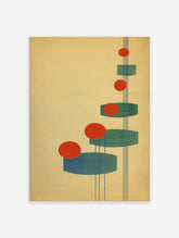 Abstract Geometric Wall Art with red circles, teal oblong shapes, and thin blue lines on a light yellow background, Bauhaus style.