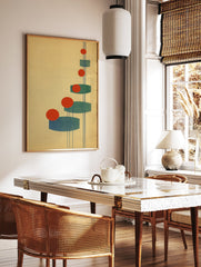 Abstract Geometric Wall Art with red circles, teal oblong shapes, and thin blue lines on a light yellow background, Bauhaus style. - Image 2