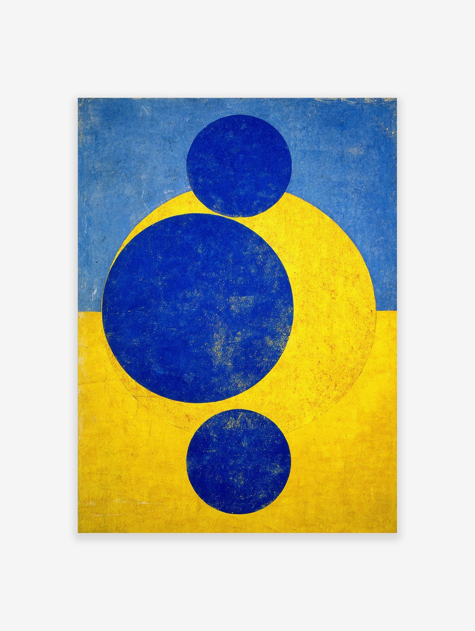 Abstract geometric art print with three blue circles and a yellow arc against a split blue and yellow background