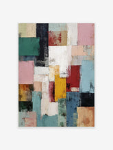 Abstract art print with textured, overlapping rectangular blocks in green, pink, blue, red, and yellow