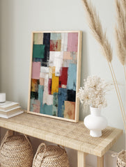 Abstract art print with textured, overlapping rectangular blocks in green, pink, blue, red, in an alternate framed mockup