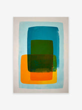 Abstract art print with layered teal, green, and orange rounded rectangles on a light blue background