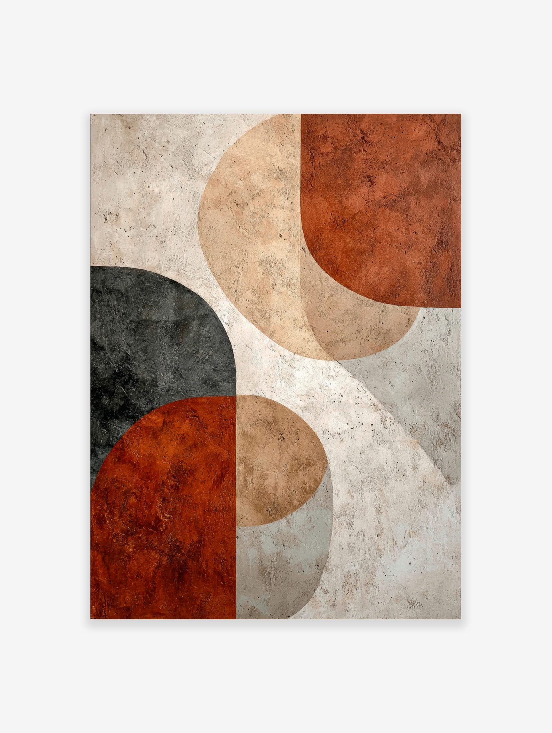 Abstract geometric wall art with overlapping terracotta, beige, charcoal, and off-white circular shapes and textured finish