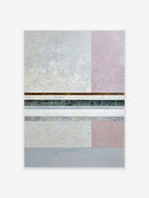 Abstract geometric art print with horizontal grey, pink, and dark teal bands, and textural details