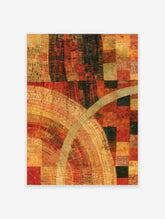 Abstract geometric art print with warm red, orange, and black patchwork grid and sweeping curve