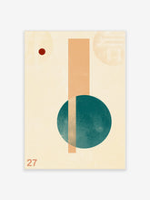 Abstract geometric art print with teal circle, orange vertical bar, and red dot on cream background